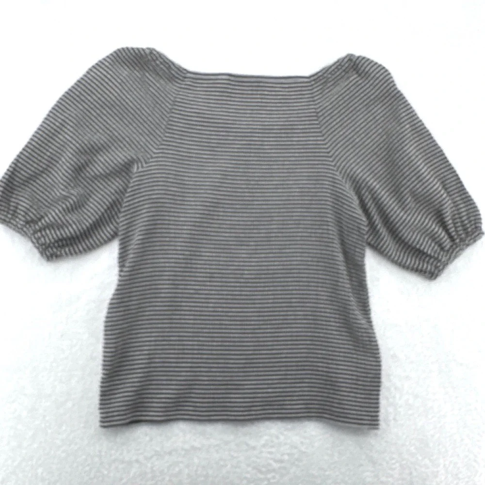 LOFT Womens Puff Sleeve Top Medium Black White Striped Ribbed Knit